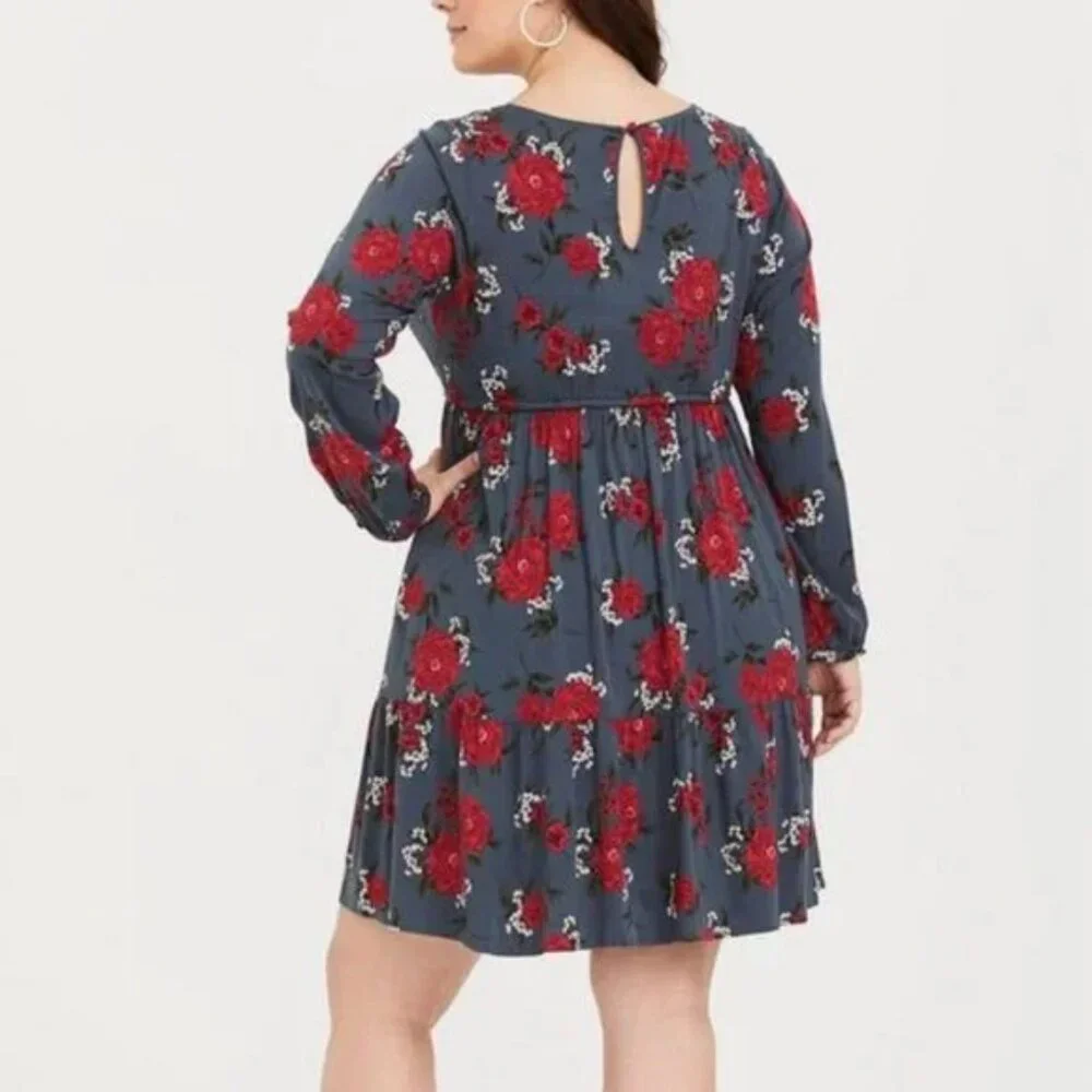 Torrid Florla Mini Challis Skater Dress Slate Gray Red Size 3X - Picture 4 of 12